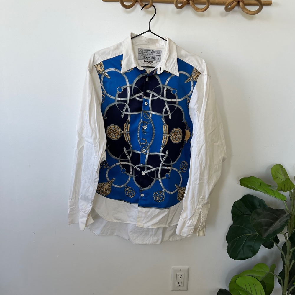Vintage Le Garage Neiman Marcus Silk Panel Equestrian Shirt Made in France Large
